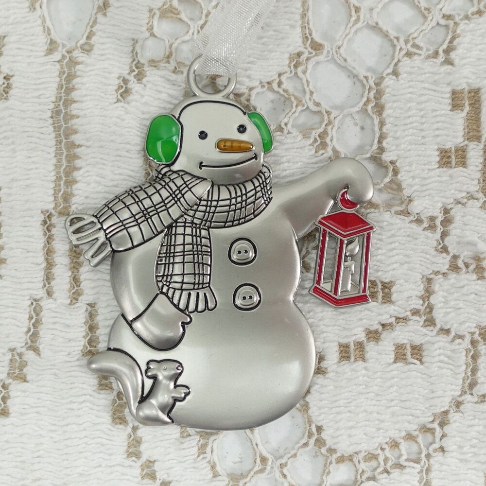 Hallmark Channel Snowman Ornament Silver Pewter Green Earmuffs Lantern Christmas